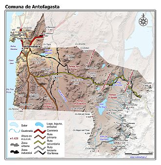 Mapa de la comuna de Antofagasta con fondo coloreado