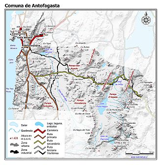 Mapa de la comuna de Antofagasta con fondo blanco sombreado