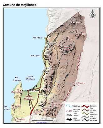 Mapa de la comuna de Mejillones con fondo coloreado