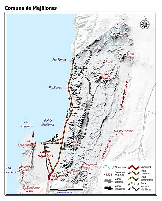 Mapa de la comuna de Mejillones con fondo blanco sombreado