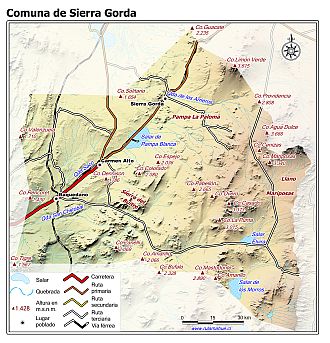 Mapa de la comuna de Sierra Gorda con fondo coloreado