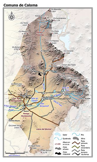 Mapa de la comuna de Calama con fondo coloreado