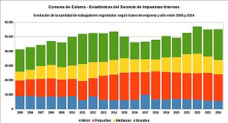 Número de trabajadores registrados por tramo de empresa y año entre 2005 y 2024