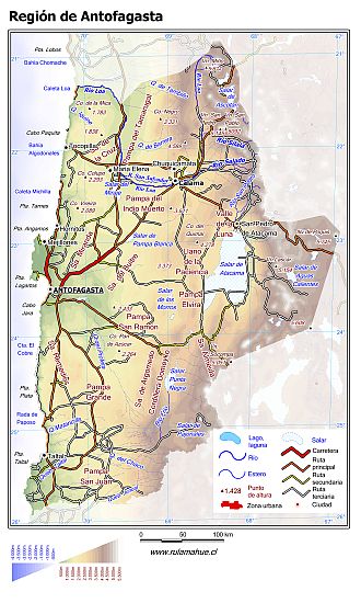 Mapa de la Región de Antofagasta con fondo coloreado según nivel de altura