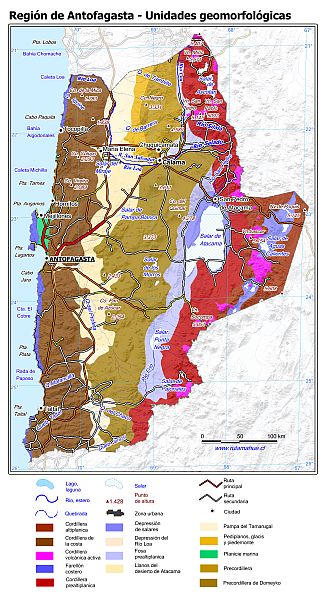 Mapa con las unidades geomorfológicas de la Región de Antofagasta