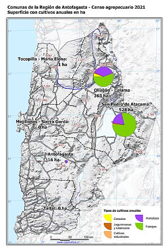 Mapa con gráficos de torta por comuna que muestran la composición de los cultivos anuales