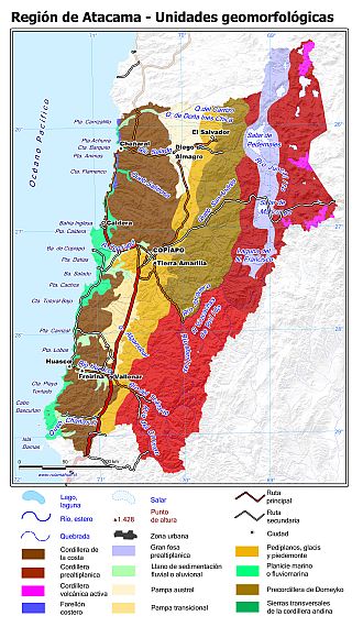 Mapa con las unidades geomorfológicas de la Región de Atacama