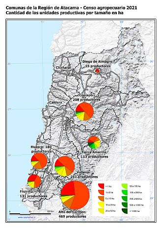 Mapa con gráficos de torta por comuna que muestran la estructura de tamaño de las parcelas de la unidades productivas