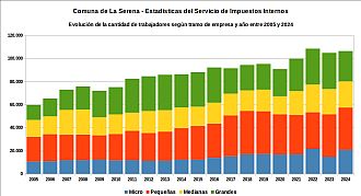 Número de trabajadores registrados por tramo de empresa y año entre 2005 y 2024