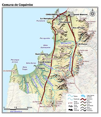Mapa de la comuna de Coquimbo con fondo coloreado