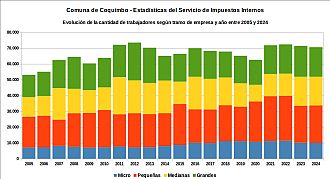 Número de trabajadores registrados por tramo de empresa y año entre 2005 y 2024
