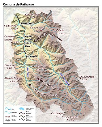 Mapa de la comuna de Paihuano con fondo coloreado