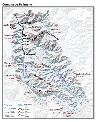 Mapa de la comuna de Paihuano con fondo blanco sombreado