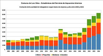 Número de trabajadores registrados por tramo de empresa y año entre 2005 y 2024