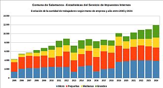 Número de trabajadores registrados por tramo de empresa y año entre 2005 y 2024
