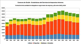 Número de trabajadores registrados por tramo de empresa y año entre 2005 y 2024
