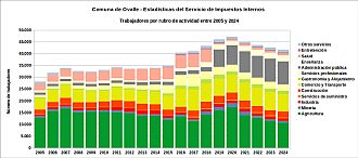 Número de trabajadores por rubro de actividad entre 2005 y 2024