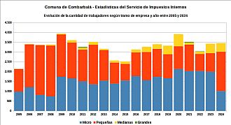 Número de trabajadores registrados por tramo de empresa y año entre 2005 y 2024