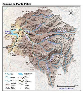 Mapa de la comuna de Monte Patria con fondo coloreado