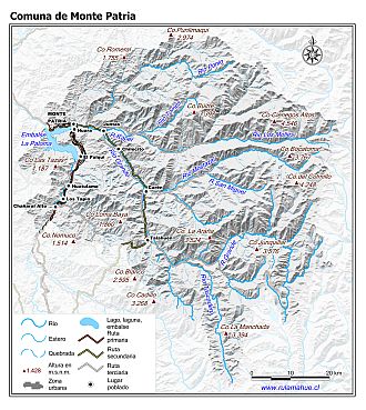 Mapa de la comuna de Monte Patria con fondo blanco sombreado