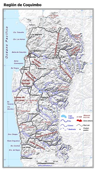 Mapa de la Región de Coquimbo con fondo blanco sombreado