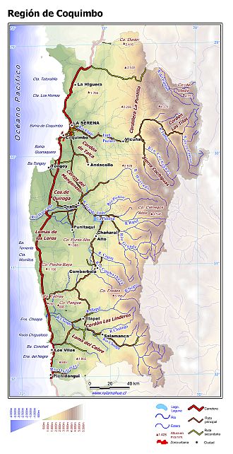 Mapa de la Región de Coquimbo con fondo coloreado según nivel de altura