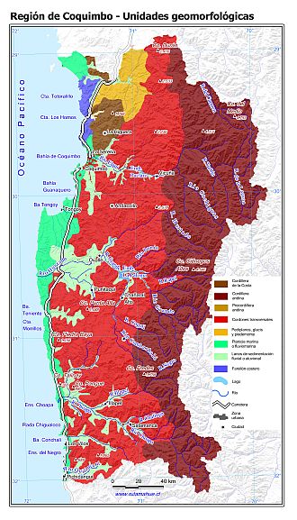Mapa con las unidades geomorfológicas de la Región de Coquimbo
