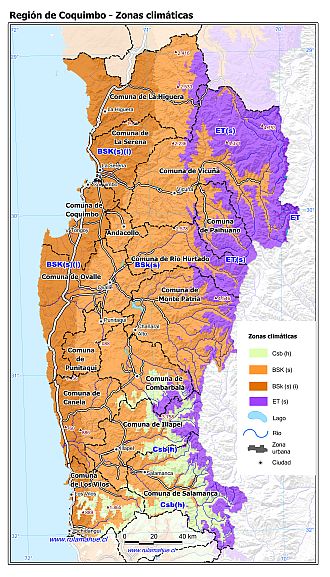 Mapa con las zonas climáticas de la Región de Coquimbo