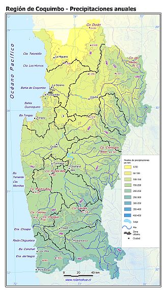 Mapa de la distribución de la precipitaciones anuales en la Región de Coquimbo