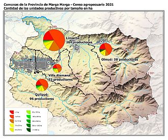 Mapa con gráficos de torta por comuna que muestran la estructura de tamaño de las parcelas de la unidades productivas