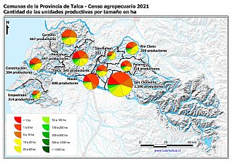 Mapa con gráficos de torta por comuna que muestran la estructura de tamaño de las parcelas de la unidades productivas