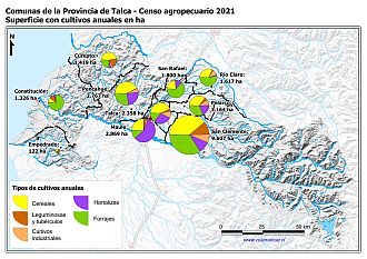 Mapa con gráficos de torta por comuna que muestran la composición de los cultivos anuales
