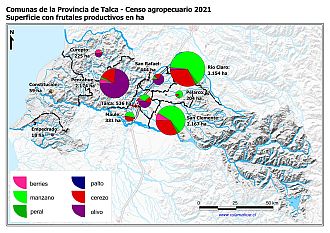 Mapa con gráficos de torta por comuna que muestran la composición de las superficies con frutales