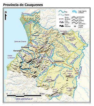 Mapa de la Provincia de Cauquenes con fondo coloreado