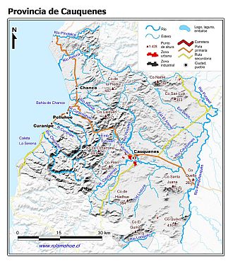Mapa de la Provincia de Cauquenes con fondo gris sombreado
