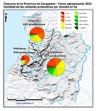 Mapa con gráficos de torta por comuna que muestran la estructura de tamaño de las parcelas de la unidades productivas