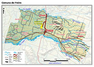 Mapa de la comuna de Freire con fondo coloreado