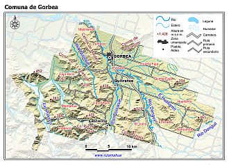 Mapa de la comuna de Gorbea con fondo coloreado
