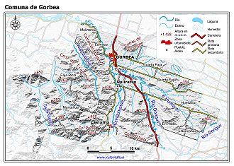 Mapa de la comuna de Gorbea con fondo blanco sombreado