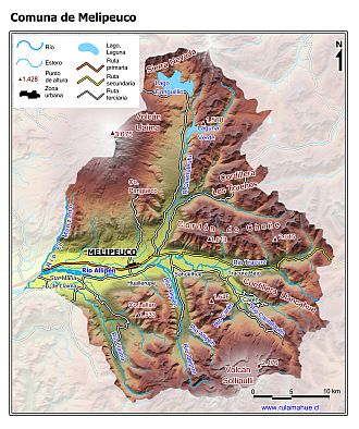 Mapa de la comuna de Melipeuco con fondo coloreado