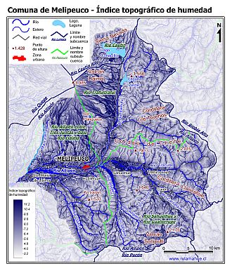 Mapa de la distribución del índice topográfico de humedad