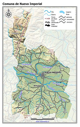 Mapa de la comuna de Nueva Imperial con fondo coloreado