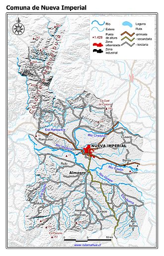 Mapa de la comuna de Nueva Imperial con fondo blanco sombreado