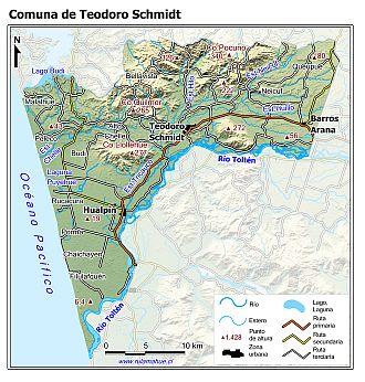 Mapa de la comuna de Teodoro Schmidt con fondo coloreado