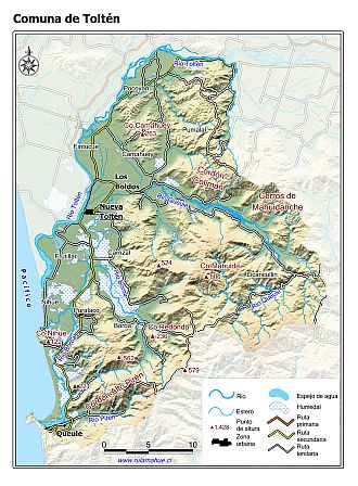 Mapa de la comuna de Toltén con fondo coloreado
