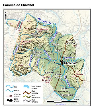 Mapa de la comuna de Cholchol con fondo coloreado