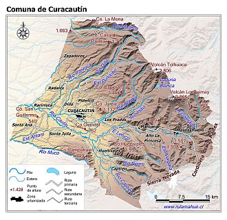 Mapa de la comuna de Curacautin con fondo coloreado