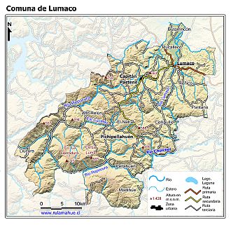 Mapa de la comuna de Lumaco con fondo coloreado