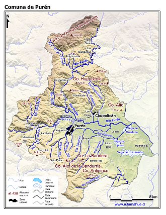 Mapa de la comuna de Purén con fondo coloreado