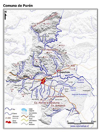 Mapa de la comuna de Purén con fondo blanco sombreado